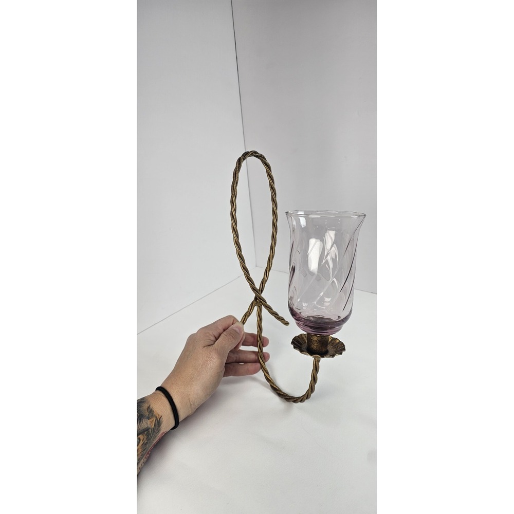 VTG Gold‎ Tone Twisted Metal Wall Sconce Candle Holder Purple Glass Insert MCM